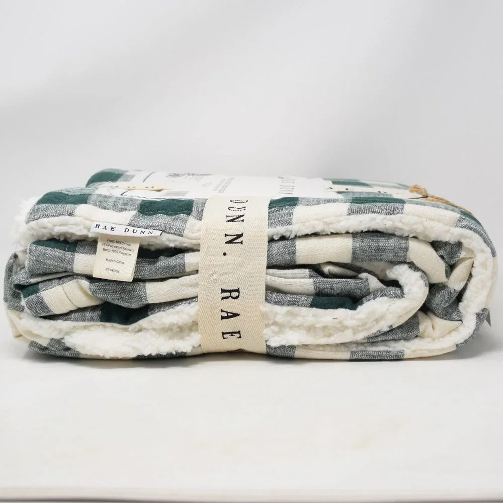 Rae Dunn Making Spirits Bright Throw Buffalo Check Sherpa Blanket New Green